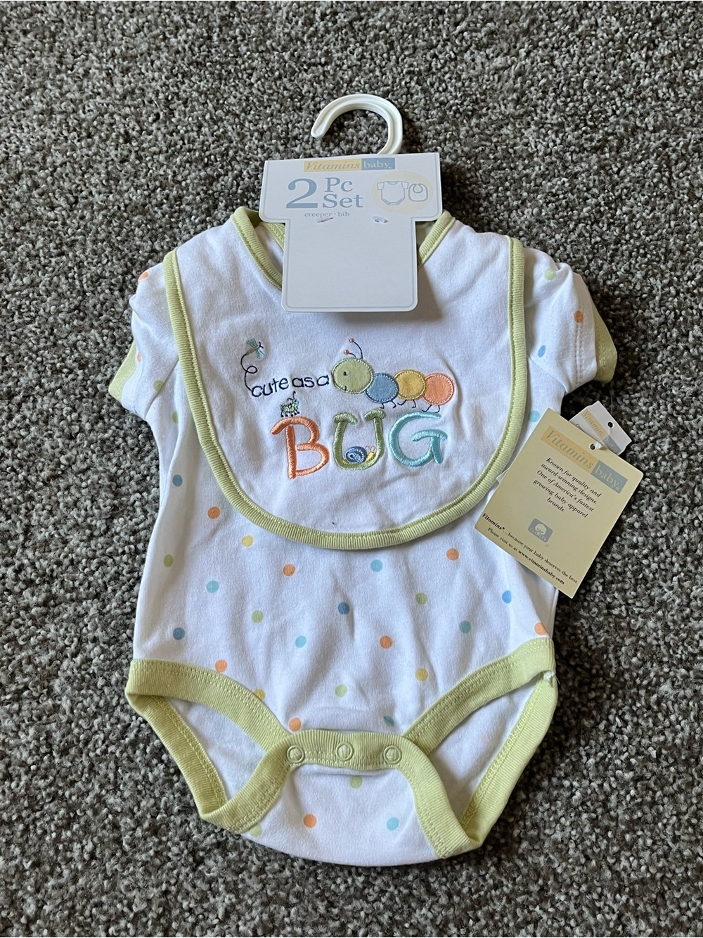 Vitamins Baby 2 Pc Set White Polka Dot One-Piece with Green Trim and Bib (3M)